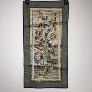 VTG Asian Oriental Silk Scenic Panel Hand Embroidered People Wall Art